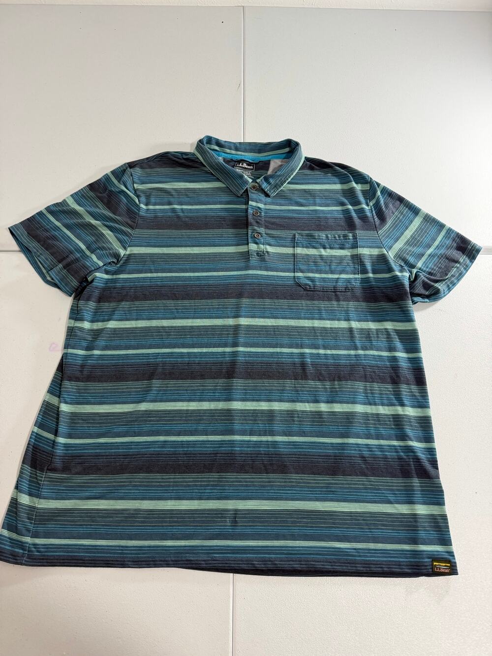 LL Bean Mens Polo Shirt XXL Tall Striped Blue Green Pocket Short Sleeve